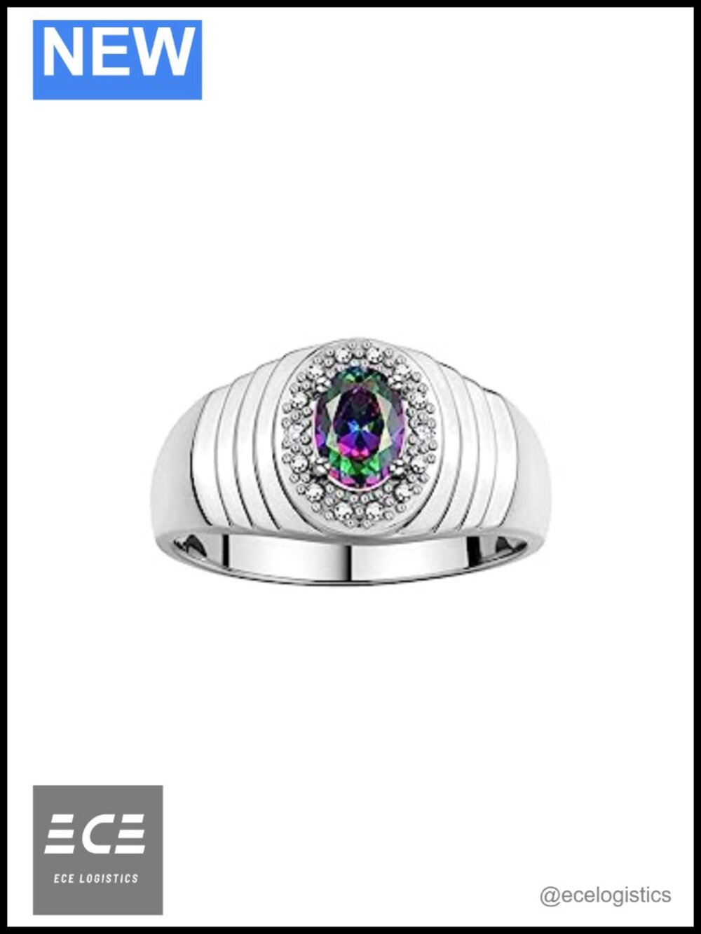 Rylos Sterling Silver Oval Gemstone Diamond Halo Men's Ring